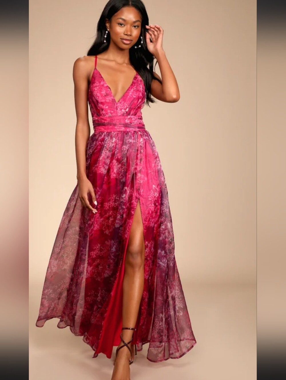 Lulu's Romantic Magenta Floral Maxi Dress with Sheer Overlay & V-Neck